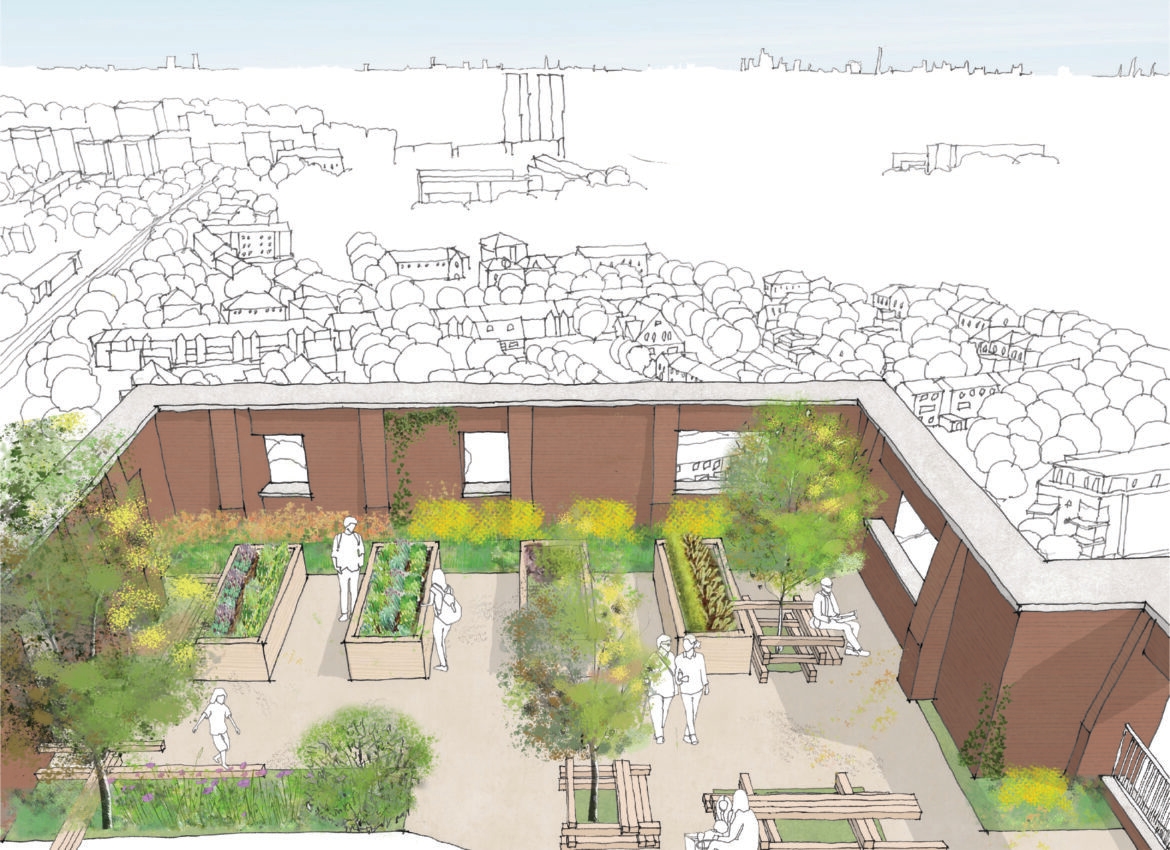 Aerial view of roof terrace atop of B2